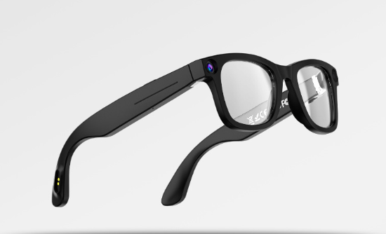 Black AI camera smart glasses with clear lenses, angled view shown upright