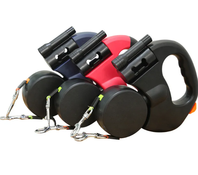 Auto double dog leashes in navy, red and black