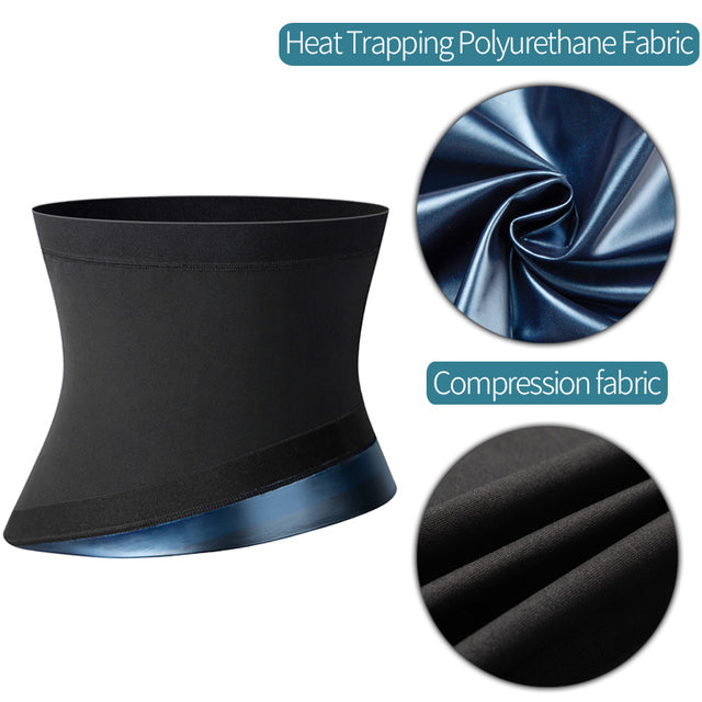 Black sauna waist trainer belt with heat-trapping fabric close-ups