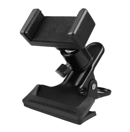 Black clamp-on phone guitar clip stand, angled view, front view