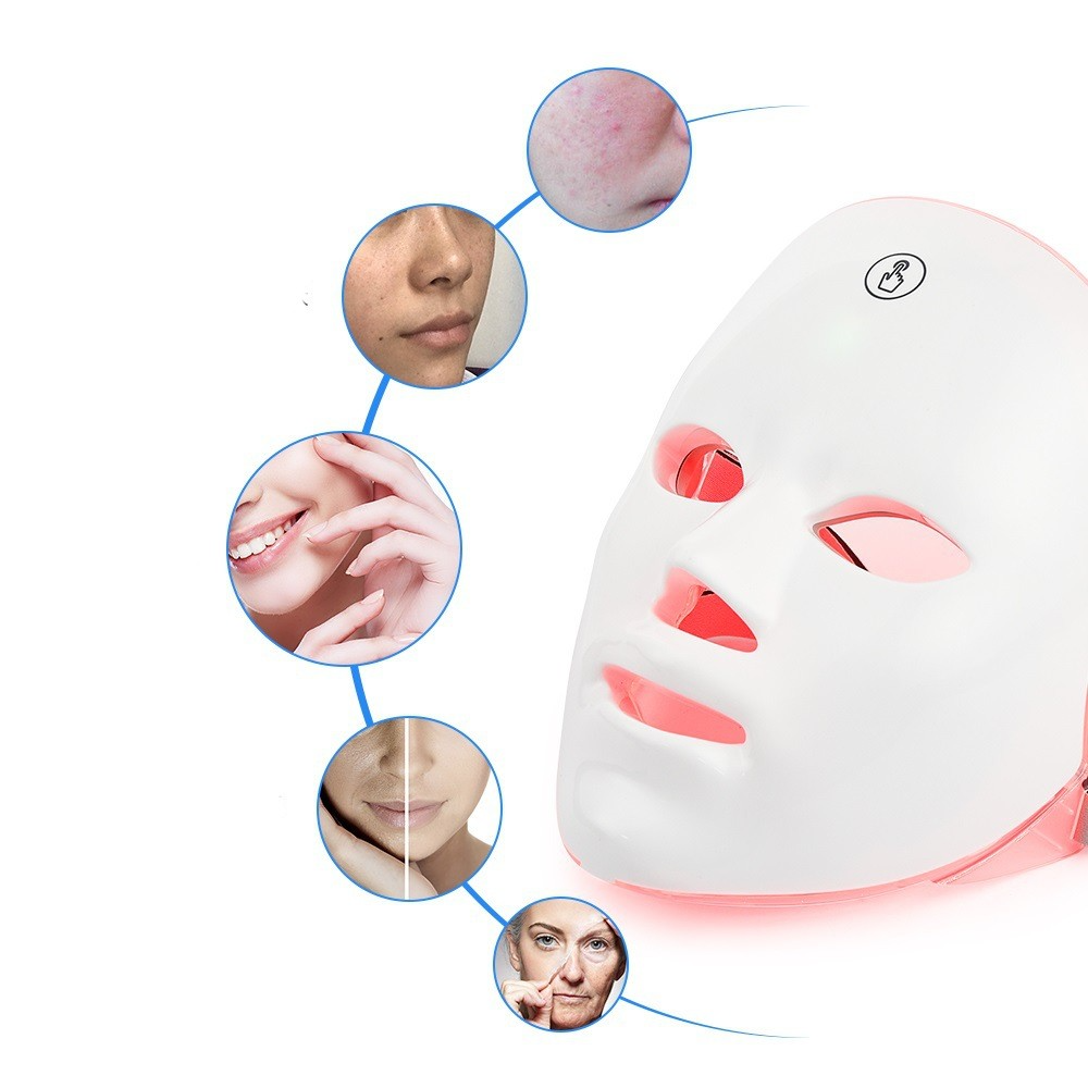 Red light LED facial beauty mask with skin benefit close-ups