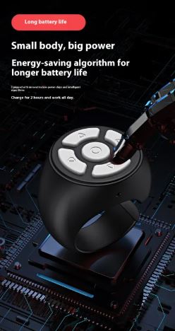 Black Bluetooth ring remote on a gaming PC, promoting long battery life