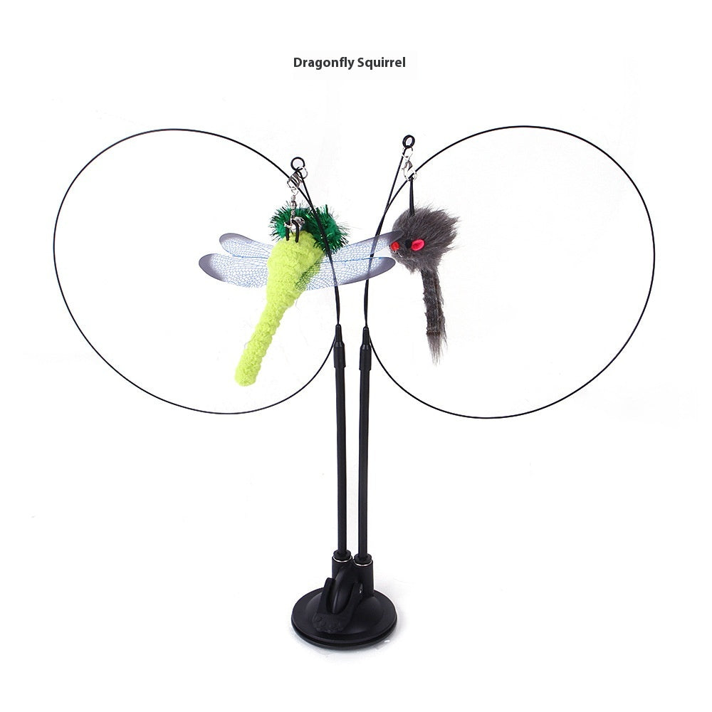Cat teaser toy with dragonfly and squirrel lures on wire rods, front view