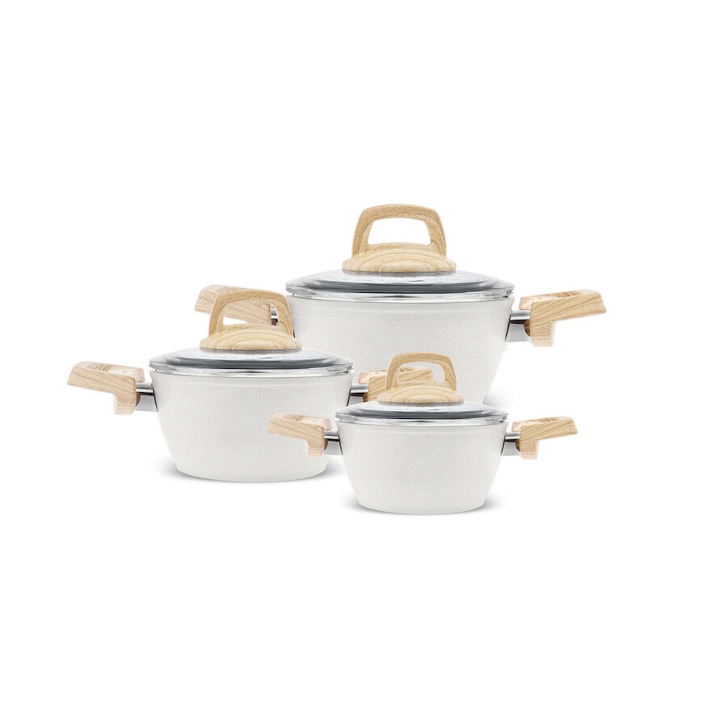 Cream nonstick cookware set: three pots with wood-look handles and lids