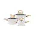 Cream nonstick cookware set: three pots with wood-look handles and lids