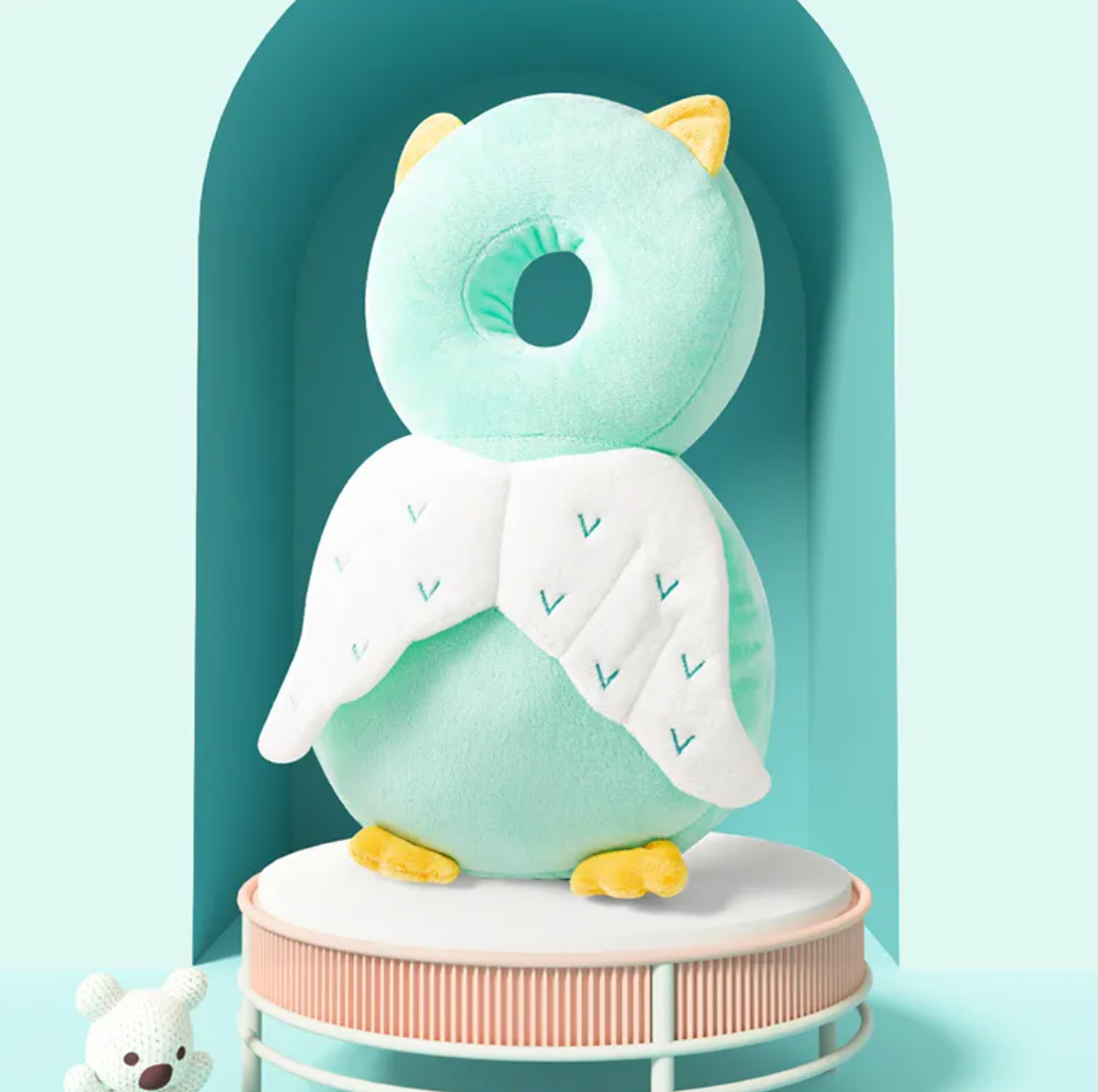 Teal owl toddler head protection pad backpack, rear view shown upright