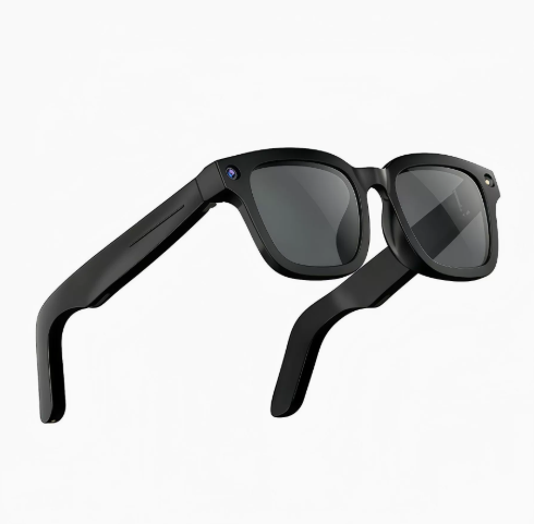 Black AI camera smart glasses with dark sunglass lenses on a white background
