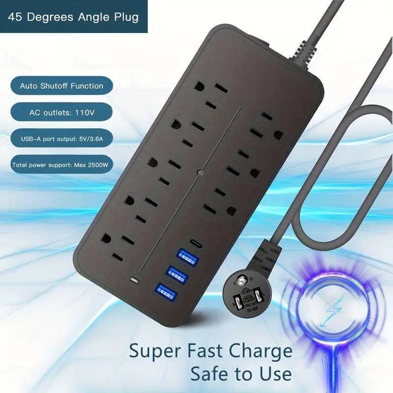 Power Strip Surge Protector - 8 Outlets, 3 USB Ports & 1 USB-C Port