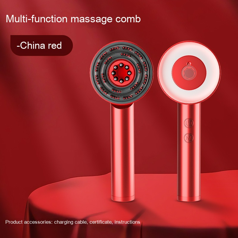 China red scalp massager comb, front and side view