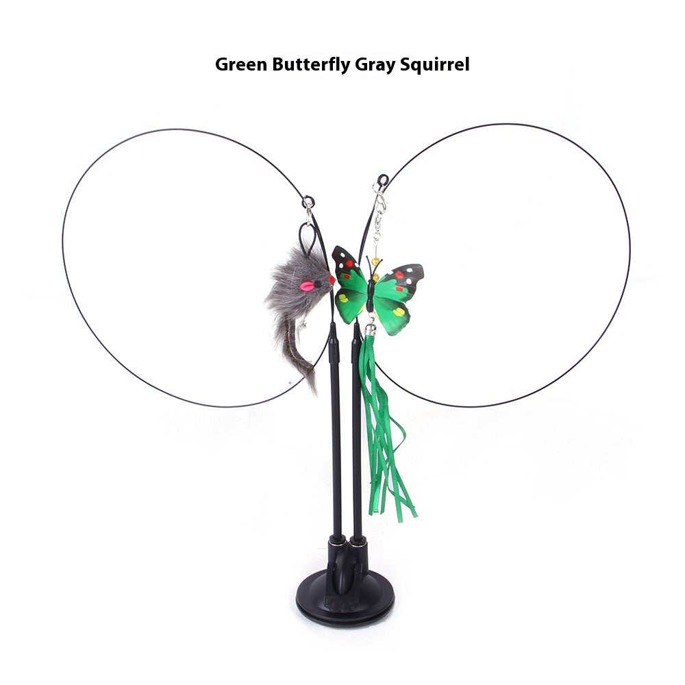 Suction cup cat teaser toy with green butterfly and gray squirrel, front view