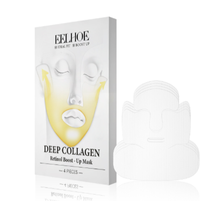 Deep collagen lifting face mask box beside an unfolded sheet mask