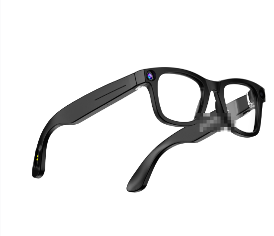 Black AI camera smart glasses with clear lenses, angled view