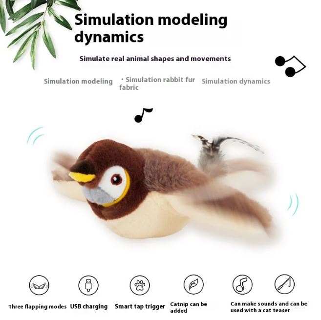 Sparrow flapping bird cat toy features: wing motion, USB charging, catnip