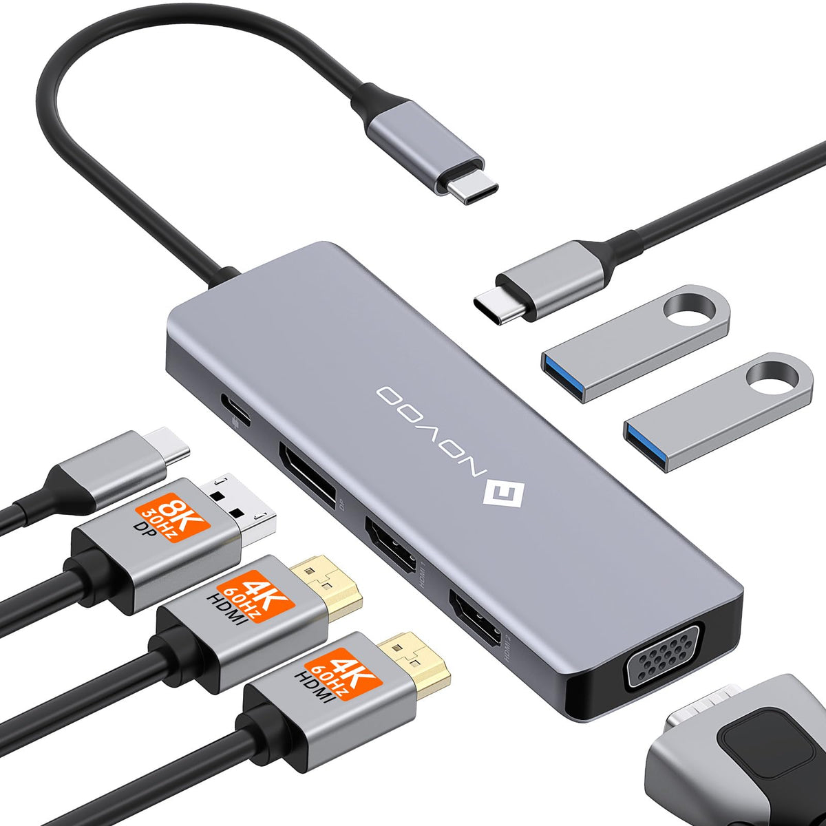 USB C Docking Station Dual Monitor 8 in 1 Laptop Docking Station Quad Display Single 8K@30Hz DP Dual 4K@60Hz HDMI VGA 3 USB Ports 100W PD USB C Hub Dock for MacBook Dell HP Lenovo Laptops