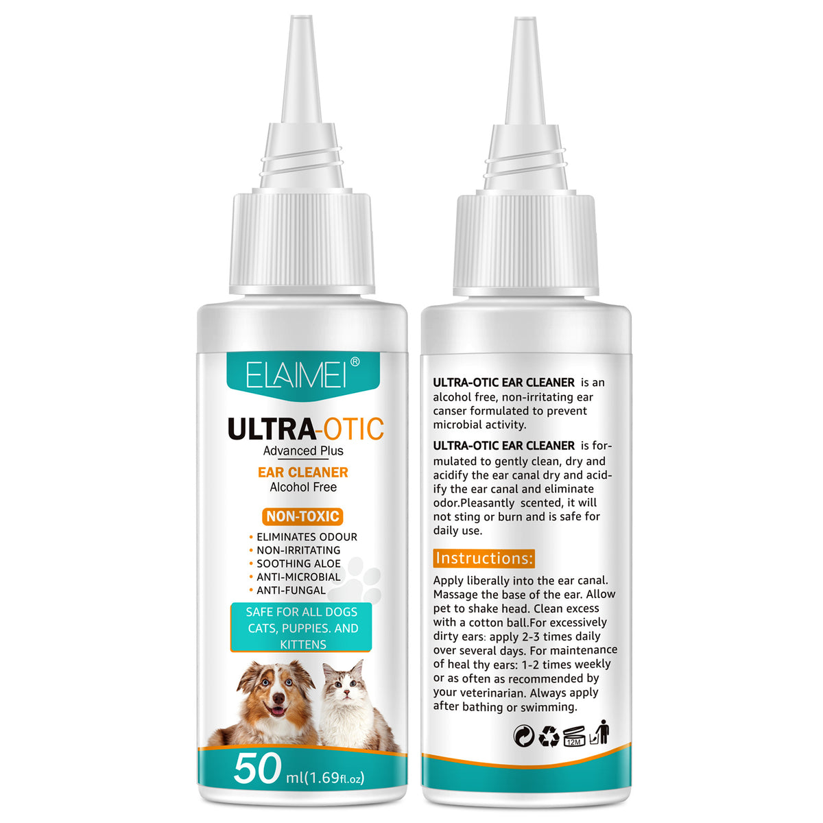 Two 50 ml bottles of pet ear cleaner, front and back labels