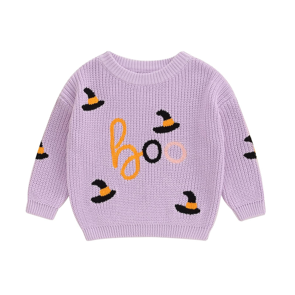 Baby Halloween Outfit Newborn Boy Girl Cute Pumpkin Embroidered Oversized Sweater Infant Fall Winter Clothes (Purple Boo 2-3 Years)