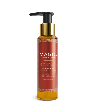 100 ml magic body oil in an amber pump bottle with gold collar, front view
