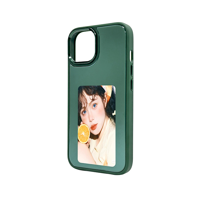Green NFC E-ink phone case showing a portrait on its back screen, centered view