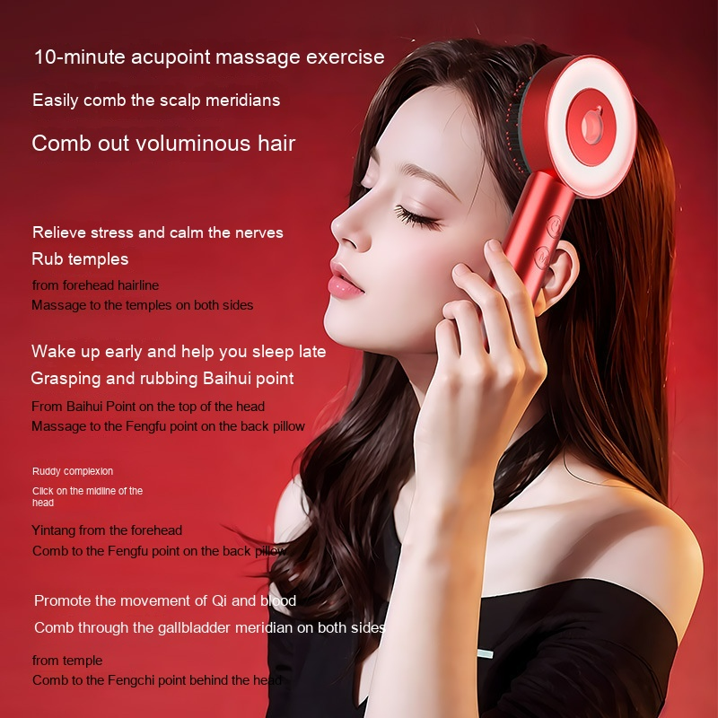 Woman massaging her scalp with the red scalp massager comb