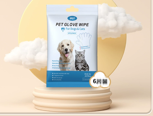 Pet disposable spa glove pack on a display stand