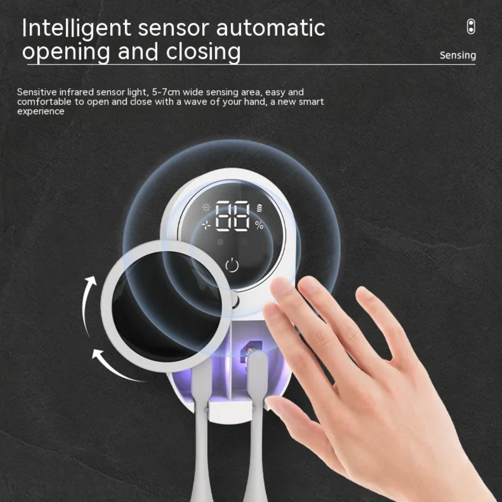 Hand waving at a UV toothbrush holder with motion sensor features listed, front view