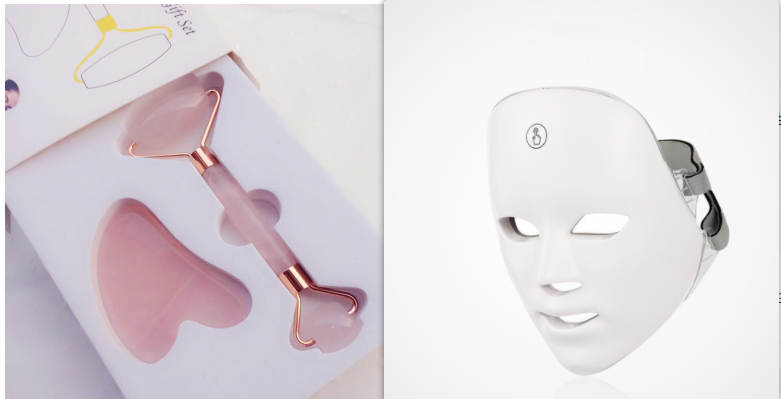 LED facial beauty mask shown with a rose quartz roller and gua sha