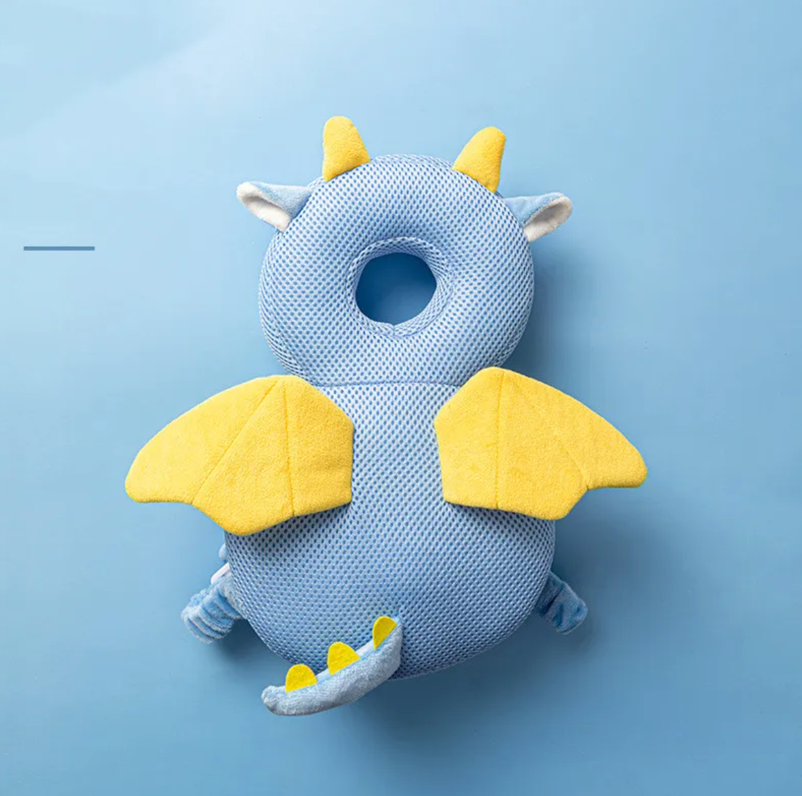 Blue dragon toddler head protection pad backpack, rear view shown upright