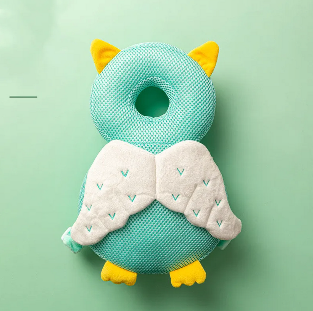 Teal owl toddler head protection pad backpack, rear view
