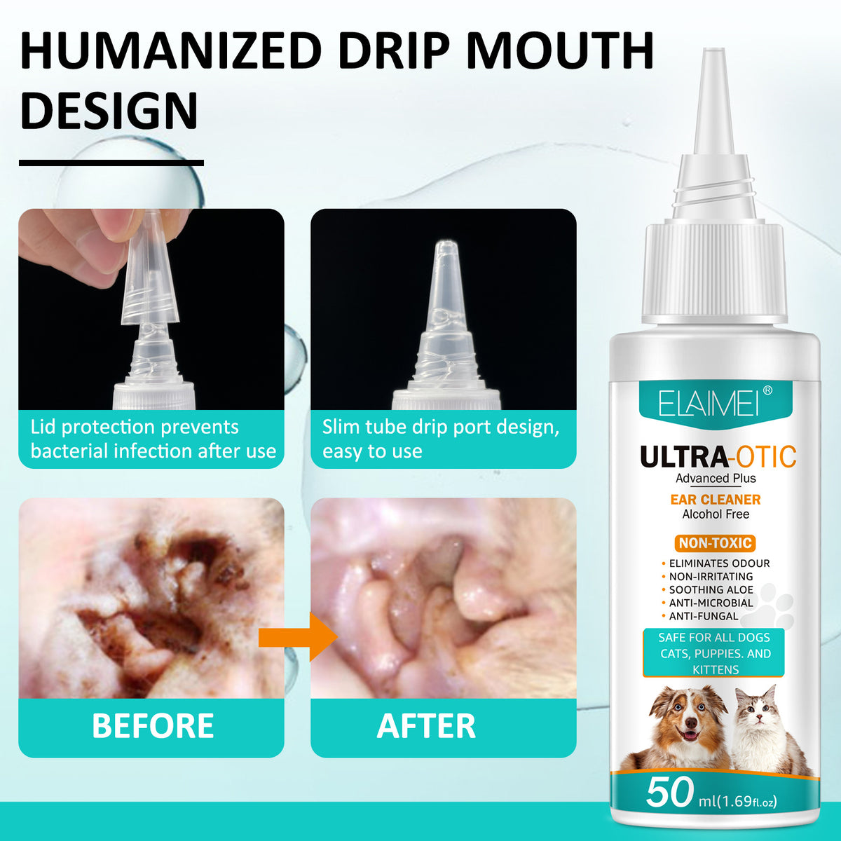 Pet ear cleaner drip tip and before-and-after ear cleaning