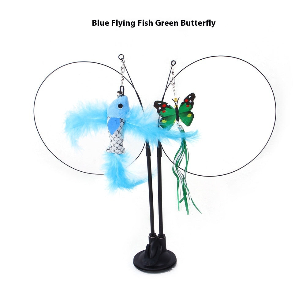 Suction cup cat teaser toy with blue feather fish and green butterfly