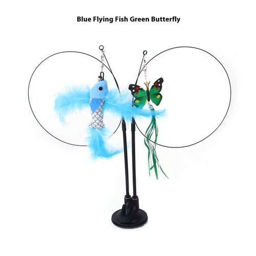 Suction cup cat teaser toy with blue feather fish and green butterfly