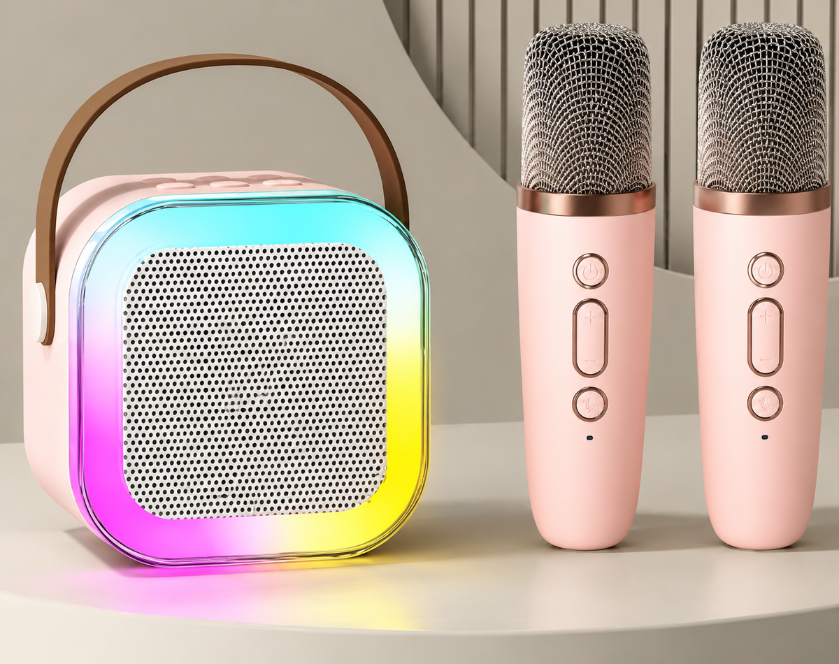 Pink Bluetooth karaoke speaker with RGB light ring and two microphones