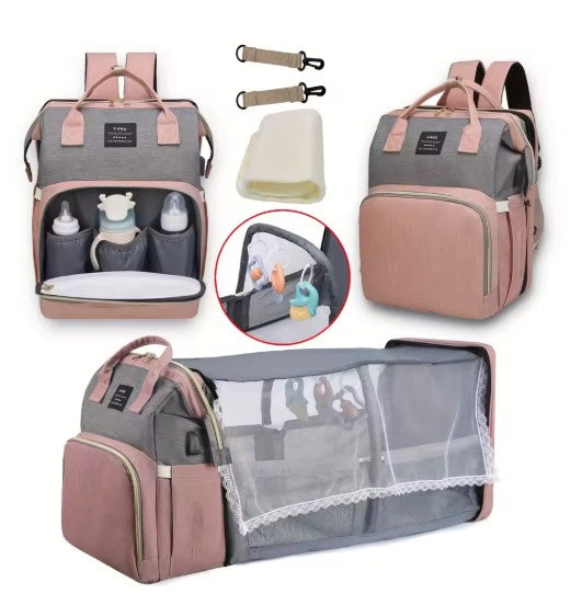 Mommy bag features: stroller hooks, bottle pockets and fold-out bassinet