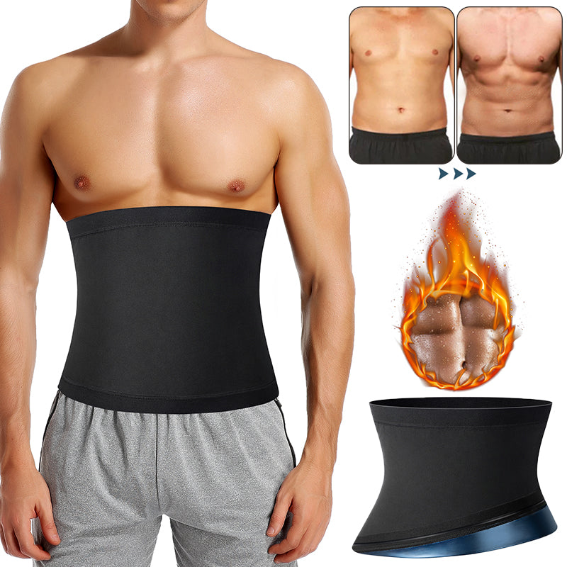 Man wearing a black sauna waist trainer belt with before-and-after abs