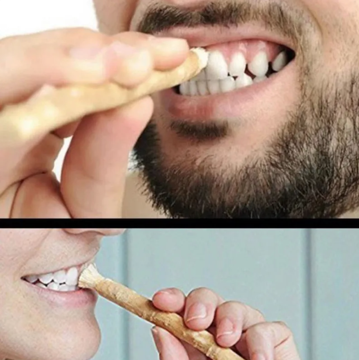 Man and woman brushing their teeth with miswak sticks