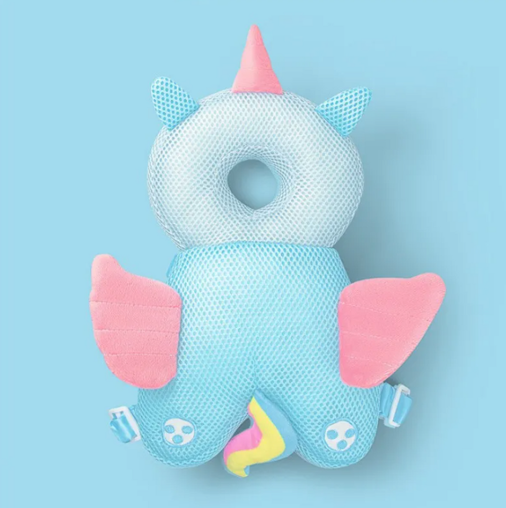 Blue unicorn toddler head protection pad backpack, rear view