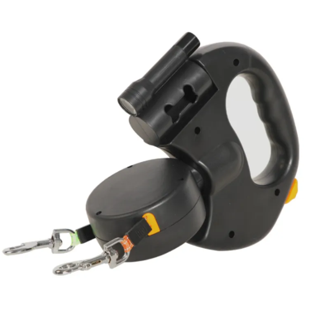 Black auto double dog leash with two clips, angled view