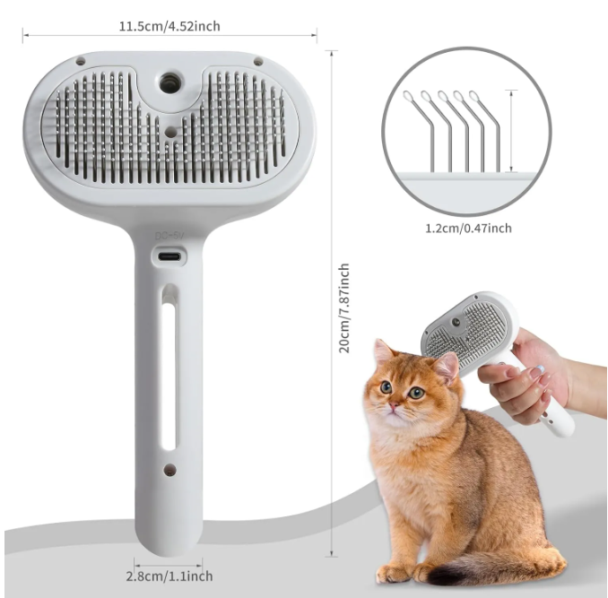 White pet hair spray brush size chart with cat being groomed