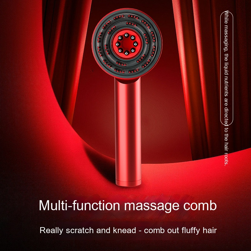 Red scalp massager comb with nozzle head on a red backdrop