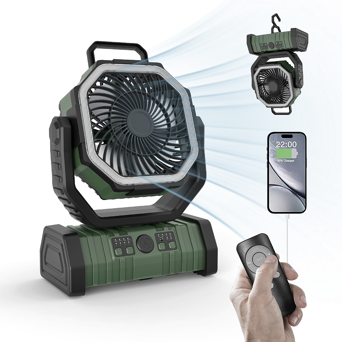 Green camping fan with LED ring light, lantern, remote and phone charging