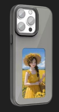 Gray NFC E-ink phone case displaying a girl in a yellow dress, front view