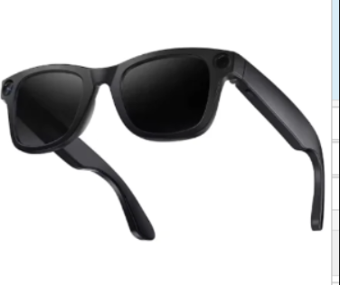 Black AI camera smart glasses with dark sunglass lenses, front view