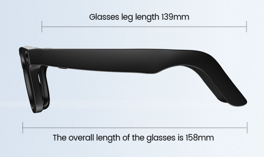 AI camera smart glasses side view with 139 mm temple length