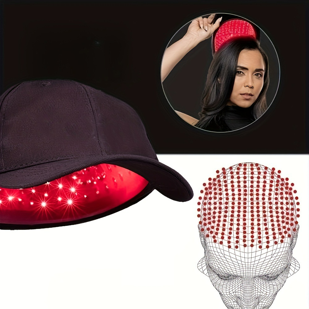 Red light therapy cap with woman and head diagram showing LED coverage