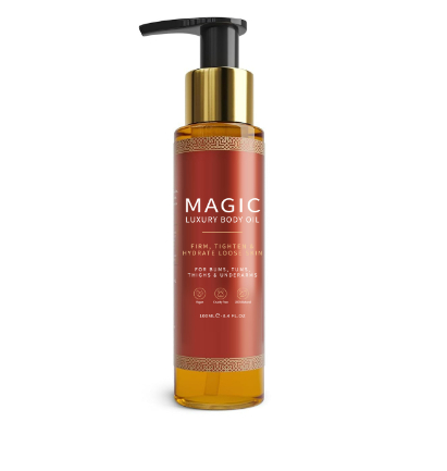 Soothing body oil in an amber pump bottle