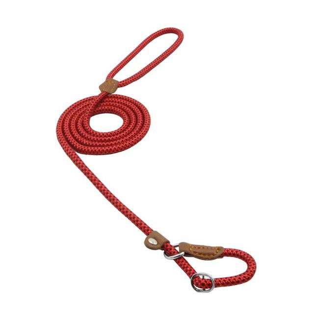 Red braided nylon slip lead dog leash with leather stopper shown upright