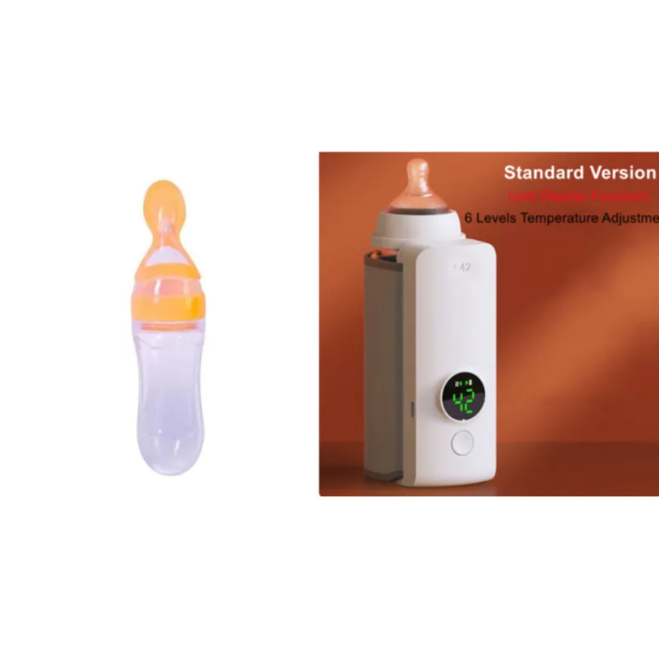 Baby bottle warmer beside a squeeze feeding spoon, front view