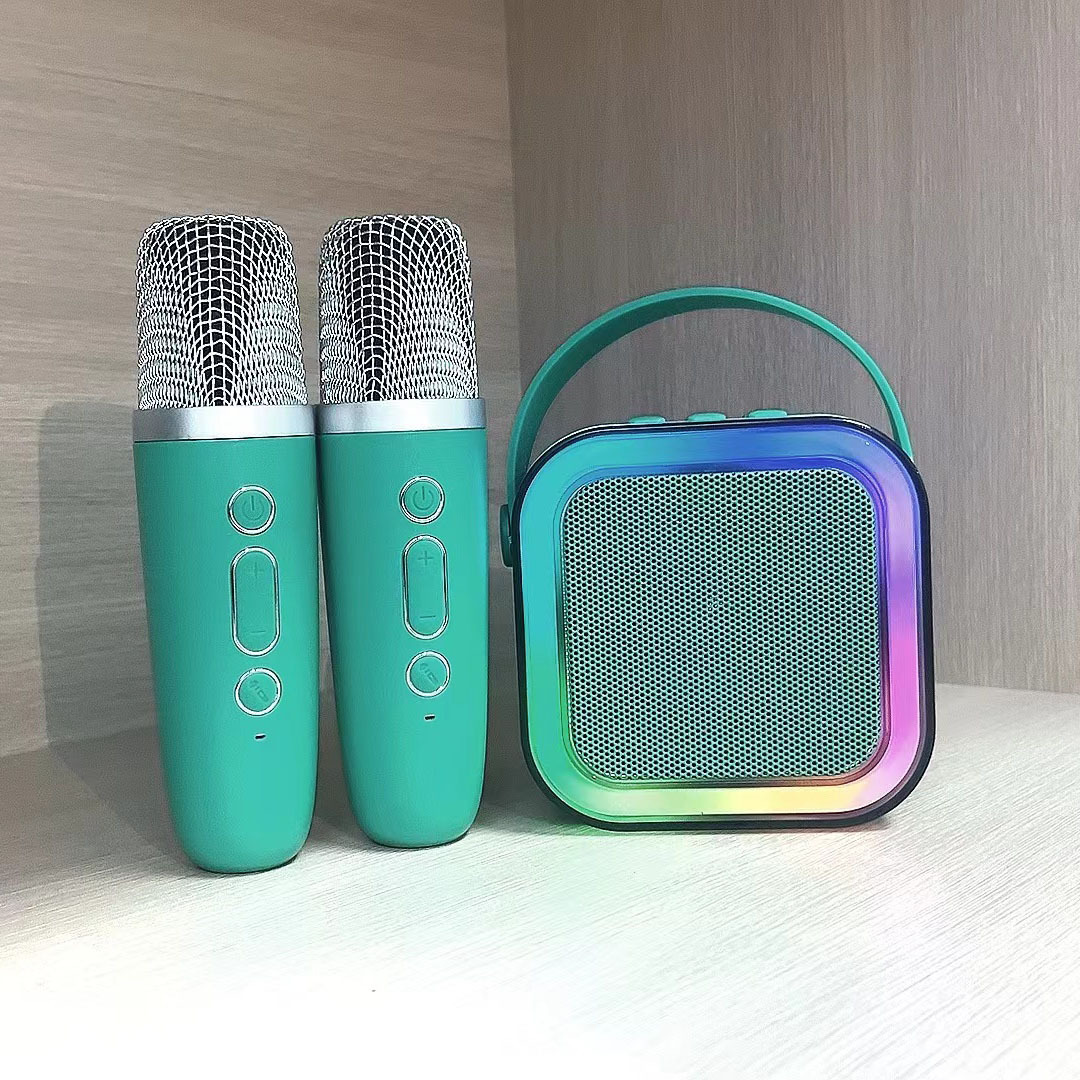 Teal Bluetooth karaoke speaker set with two matching microphones