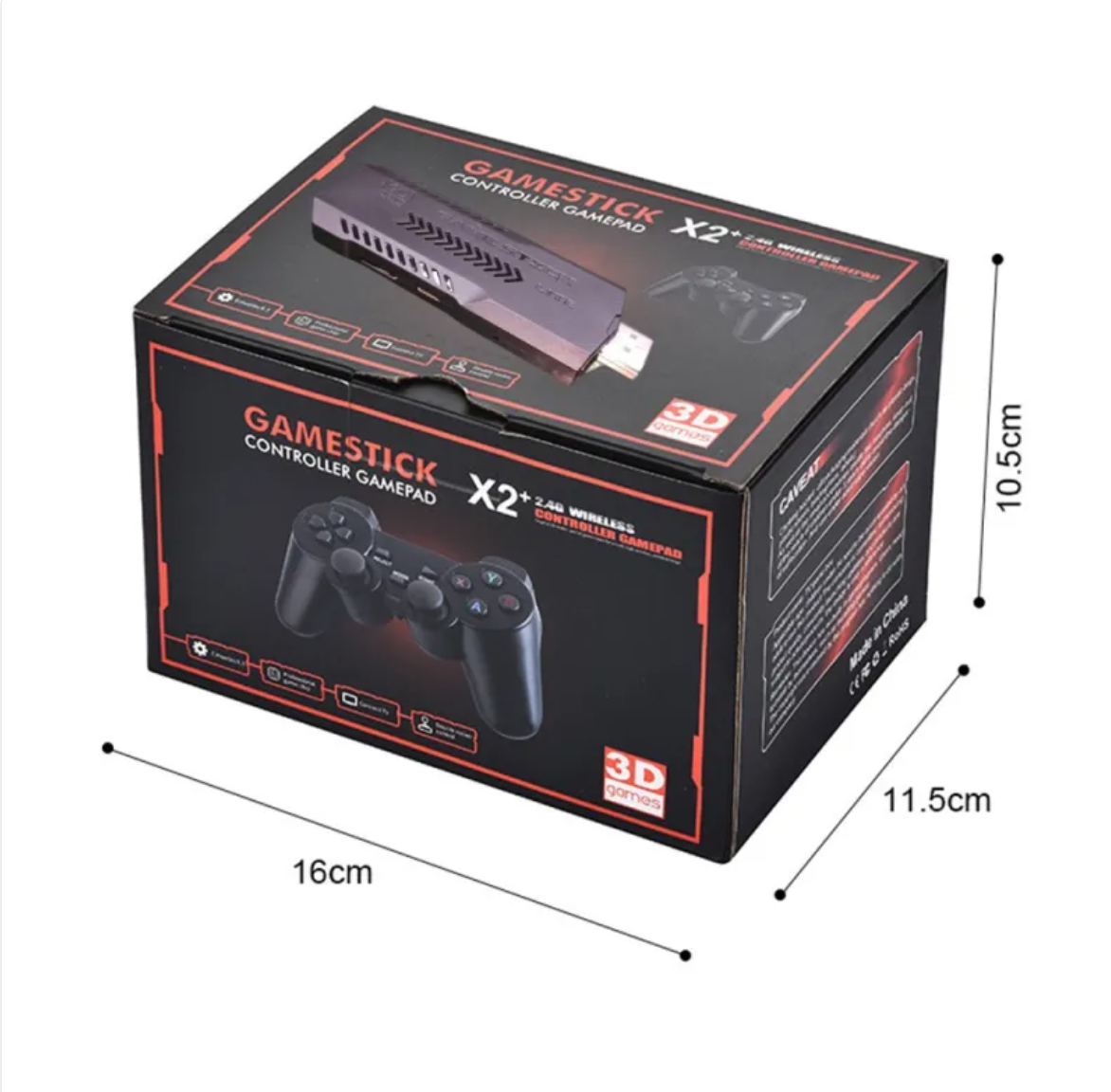 Retro game stick console box with dimensions labeled