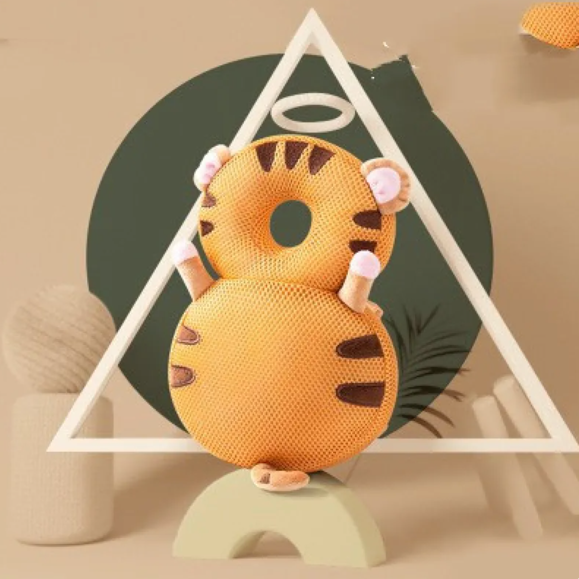 Orange tiger toddler head protection pad backpack, rear view